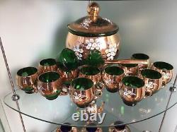 Vintage Bohemian Czech Glass Green With Gold Gilt Hand Painted Punch Bowl Set