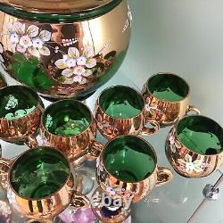 Vintage Bohemian Czech Glass Green With Gold Gilt Hand Painted Punch Bowl Set