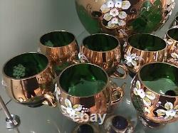 Vintage Bohemian Czech Glass Green With Gold Gilt Hand Painted Punch Bowl Set