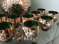 Vintage Bohemian Czech Glass Green With Gold Gilt Hand Painted Punch Bowl Set