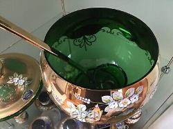 Vintage Bohemian Czech Glass Green With Gold Gilt Hand Painted Punch Bowl Set