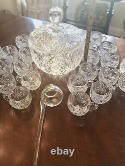 Vintage CRYSTAL Punch Bowl with LID/Ladle and 24 Cups Beautiful Excellent Cond