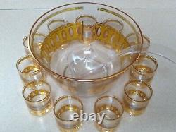 Vintage CULVER GLASSWARE LTD Antigua Punch Bowl Set 22k Gold Accents