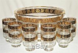 Vintage CULVER TYROL PUNCH BOWL & (12) GLASS CUPS/TUMBLERS Gold Encrusted Rims