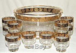 Vintage CULVER TYROL PUNCH BOWL & (12) GLASS CUPS/TUMBLERS Gold Encrusted Rims