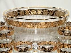 Vintage CULVER TYROL PUNCH BOWL & (12) GLASS CUPS/TUMBLERS Gold Encrusted Rims