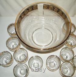 Vintage CULVER TYROL PUNCH BOWL & (12) GLASS CUPS/TUMBLERS Gold Encrusted Rims