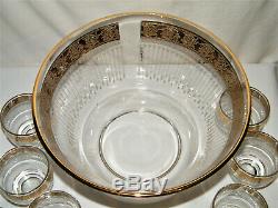 Vintage CULVER TYROL PUNCH BOWL & (12) GLASS CUPS/TUMBLERS Gold Encrusted Rims