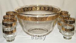 Vintage CULVER TYROL PUNCH BOWL & (12) GLASS CUPS/TUMBLERS Gold Encrusted Rims