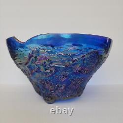 Vintage Cambridge Blue Iridescent Carnival Glass Punch Bowl Buffalo Hunt