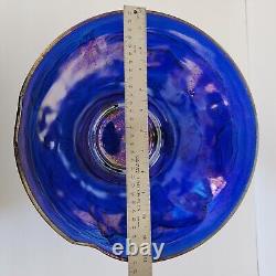 Vintage Cambridge Blue Iridescent Carnival Glass Punch Bowl Buffalo Hunt