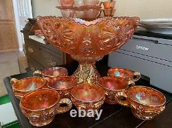 Vintage Carnival Glass Imperial 474 Marigold Punch Bowl, Pedestal & 8 Punch Cups