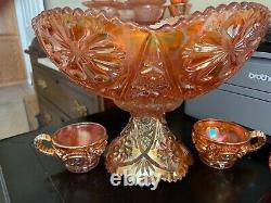 Vintage Carnival Glass Imperial 474 Marigold Punch Bowl, Pedestal & 8 Punch Cups