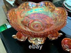 Vintage Carnival Glass Imperial 474 Marigold Punch Bowl, Pedestal & 8 Punch Cups