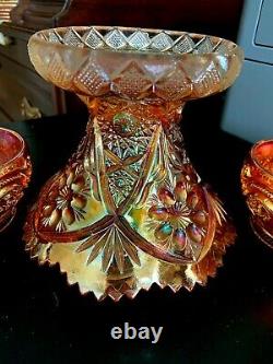 Vintage Carnival Glass Imperial 474 Marigold Punch Bowl, Pedestal & 8 Punch Cups