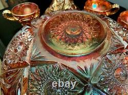 Vintage Carnival Glass Imperial 474 Marigold Punch Bowl, Pedestal & 8 Punch Cups