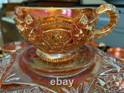 Vintage Carnival Glass Imperial 474 Marigold Punch Bowl, Pedestal & 8 Punch Cups