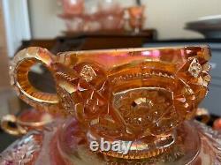 Vintage Carnival Glass Imperial 474 Marigold Punch Bowl, Pedestal & 8 Punch Cups