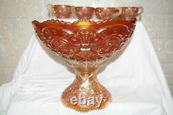 Vintage Carnival Glass Marigold Punch Bowl Set Pedestal & 8 Cups