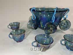 Vintage Carnival Glass Punch Bowl Set With12 Cups Grape Harvest Blue