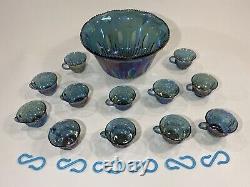 Vintage Carnival Glass Punch Bowl Set With12 Cups Grape Harvest Blue