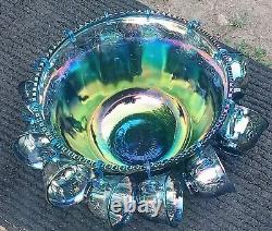 Vintage Carnival Glass Punch Bowl With 12 Cups