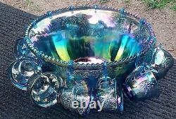 Vintage Carnival Glass Punch Bowl With 12 Cups