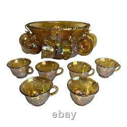 Vintage Carnival Indiana Glass Punch Bowl and 12 Iridescent Cups MCM