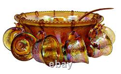 Vintage Carnival Iridescent Grape Art Glass Punch Bowl, 12 cups 12 Hooks & Ladle