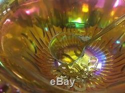 Vintage Carnival Marigold Glass Punch Bowl Cups And Ladle Grape Design Ti3299