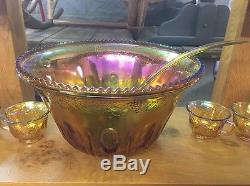 Vintage Carnival Marigold Glass Punch Bowl Cups And Ladle Grape Design Ti3299