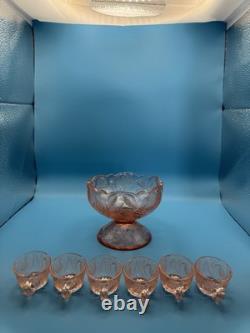 Vintage Child's Pink Depression Glass Punch Bowl Set with6 Cups Pedestal Bowl 1930
