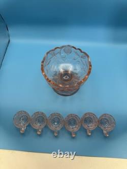 Vintage Child's Pink Depression Glass Punch Bowl Set with6 Cups Pedestal Bowl 1930