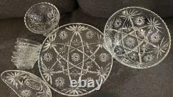 Vintage Clear Glass Punch Bowl Set with 12 Cups, Ladle & Base Starburst Design