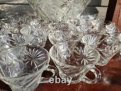 Vintage Clear Pressed Glass Starburst Punch Bowl Set 30+ Cups