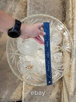 Vintage Clear Pressed Glass Starburst Punch Bowl Set 30+ Cups