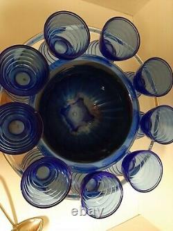 Vintage Cobalt Blue Complete 12 piece Punch Bowl Set