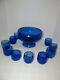 Vintage Cobalt Hand Blown Glass Punch Bowl 10 Cups