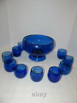 Vintage Cobalt Hand Blown Glass Punch Bowl 10 Cups