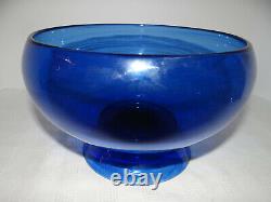 Vintage Cobalt Hand Blown Glass Punch Bowl 10 Cups