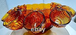 Vintage Colony Amber Royal Drape Glass Punch Bowl with 9 Cups