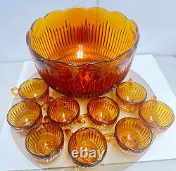 Vintage Colony Amber Royal Drape Glass Punch Bowl with 9 Cups