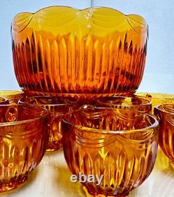 Vintage Colony Amber Royal Drape Glass Punch Bowl with 9 Cups