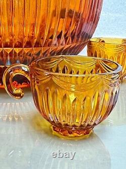 Vintage Colony Amber Royal Drape Glass Punch Bowl with 9 Cups