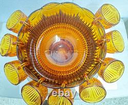 Vintage Colony Amber Royal Drape Glass Punch Bowl with 9 Cups