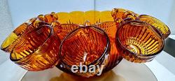 Vintage Colony Amber Royal Drape Glass Punch Bowl with 9 Cups