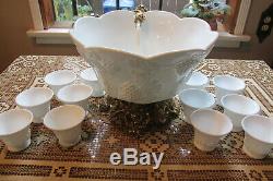 Vintage Colony Harvest Grape Panel Milk Glass Punch Bowl, Stand, Ladle & 12 Cups