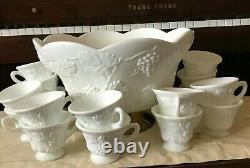 Vintage Colony Harvest White Milkglass Grape Pedestal Punch Bowl & 16 Cup Set