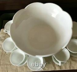 Vintage Colony Harvest White Milkglass Grape Pedestal Punch Bowl & 16 Cup Set