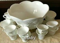 Vintage Colony Harvest White Milkglass Grape Pedestal Punch Bowl & 16 Cup Set
